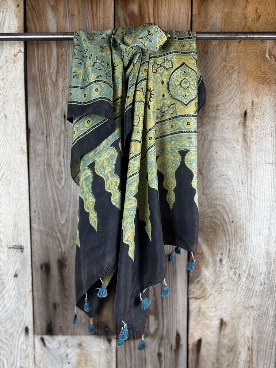 Mulberry silk scarf, block printed with natural dyes by Sufyian Khatri. The perfect lightweight unique accessory for any outfit.
