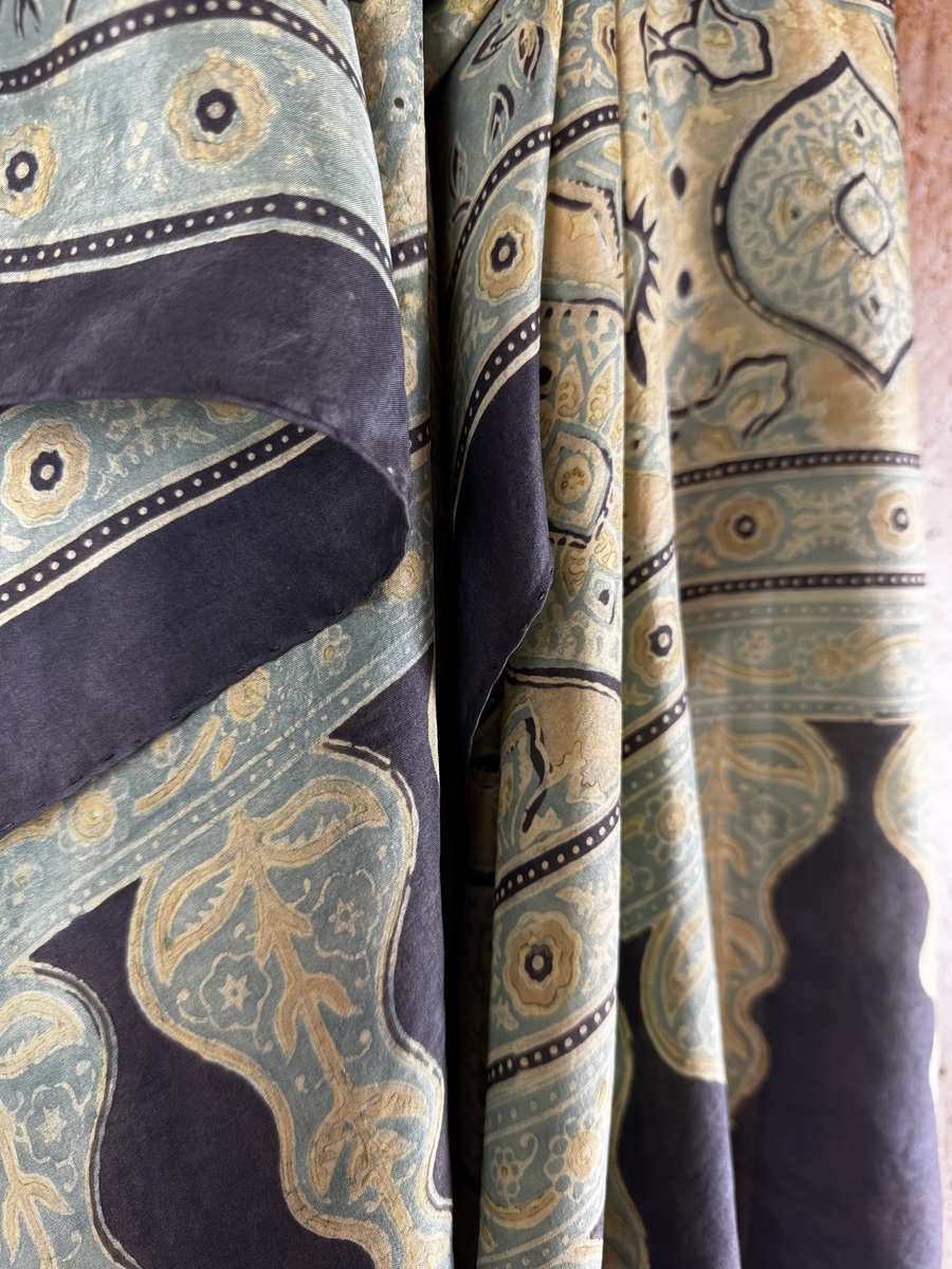 Mulberry silk scarf, block printed with natural dyes by Sufyian Khatri. The perfect lightweight unique accessory for any outfit.
