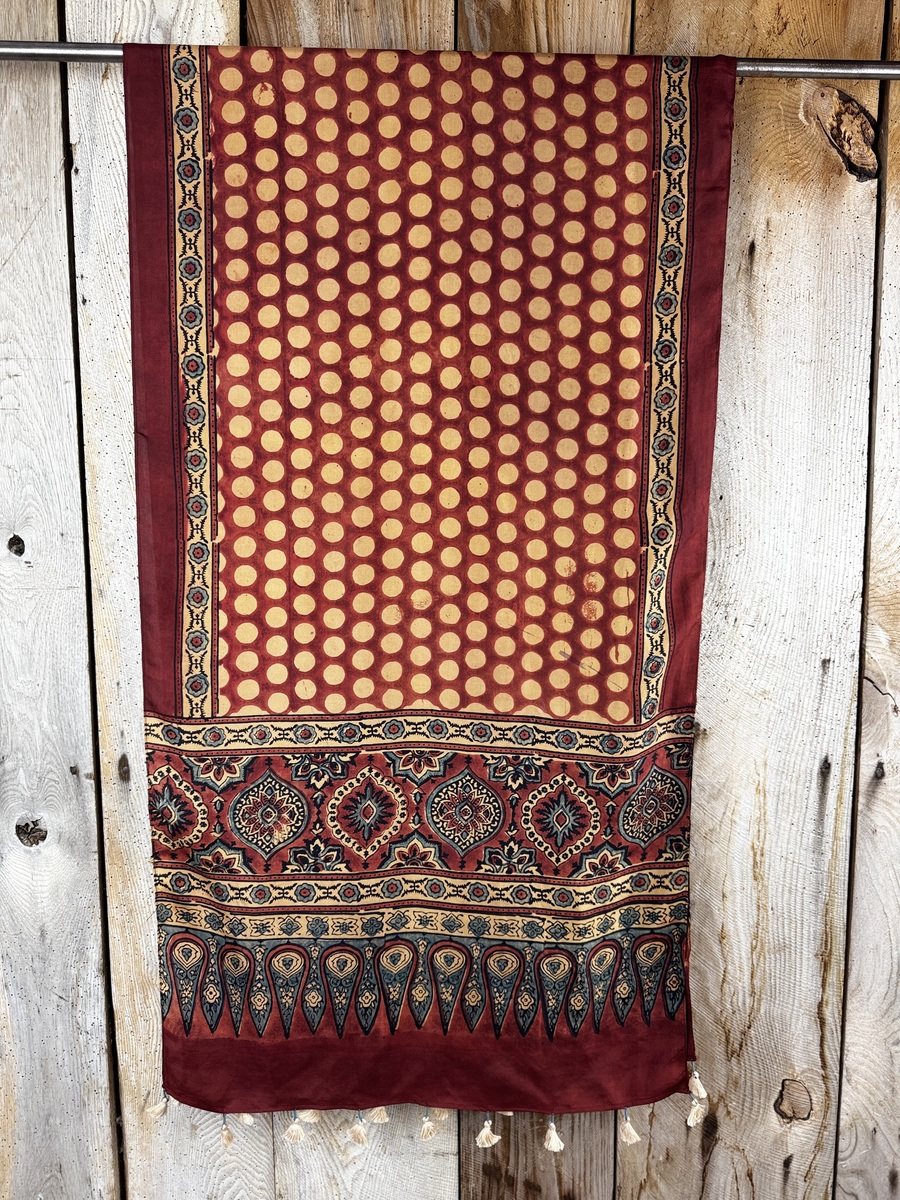 Mulberry silk scarf, block printed with natural dyes by Sufyian Khatri. The perfect lightweight unique accessory for any outfit.