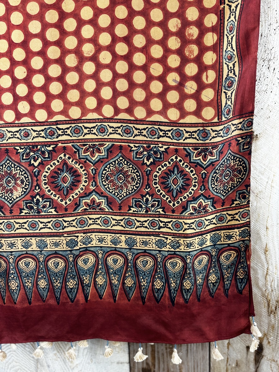 Mulberry silk scarf, block printed with natural dyes by Sufyian Khatri. The perfect lightweight unique accessory for any outfit.