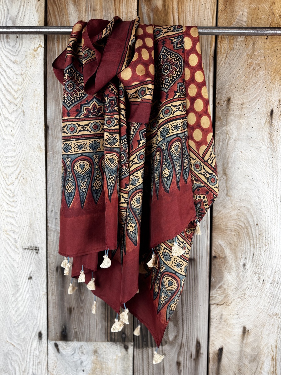 Mulberry silk scarf, block printed with natural dyes by Sufyian Khatri. The perfect lightweight unique accessory for any outfit.