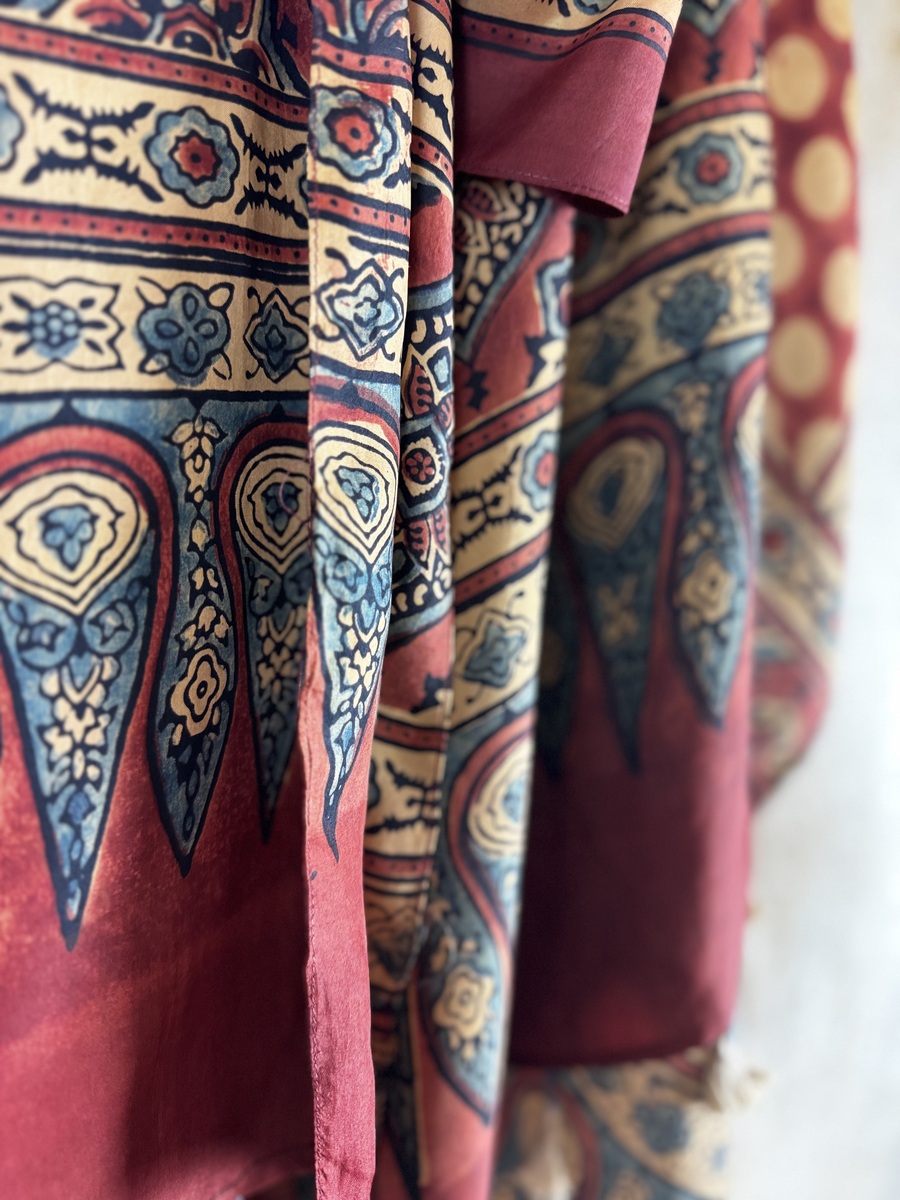 Mulberry silk scarf, block printed with natural dyes by Sufyian Khatri. The perfect lightweight unique accessory for any outfit.