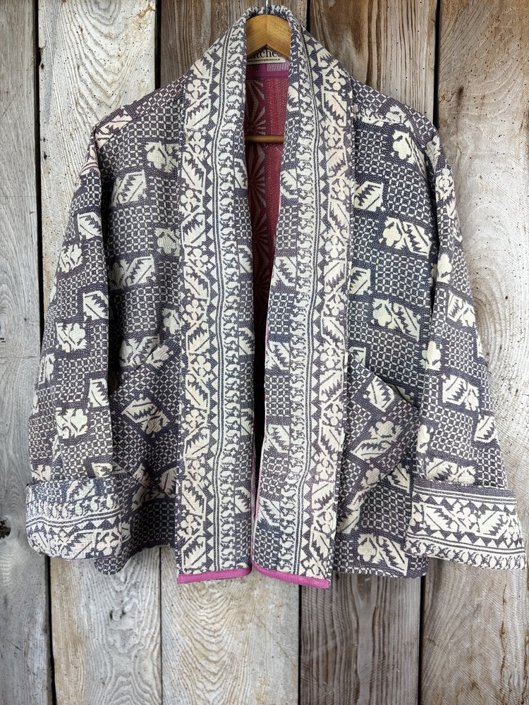 Vintage cotton Kantha Jacket with finely hand stitched details, rich textures and colours.
