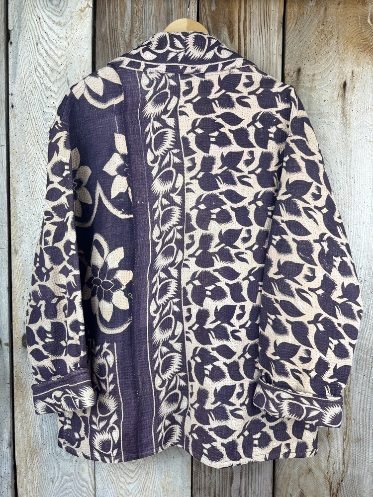 Vintage cotton Kantha Jacket with finely hand stitched details, rich textures and colours.