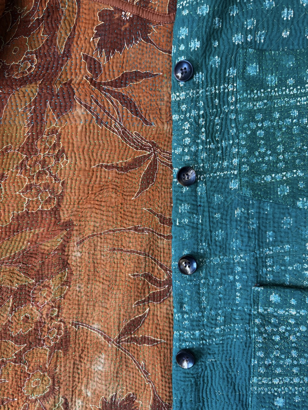 Vintage cotton Kantha Jacket with finely hand stitched details, rich textures and colours.