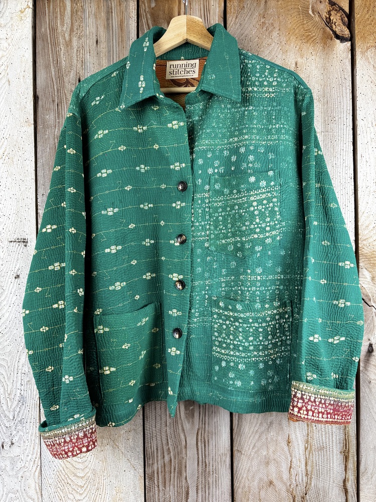 Vintage cotton Kantha Jacket with finely hand stitched details, rich textures and colours.
