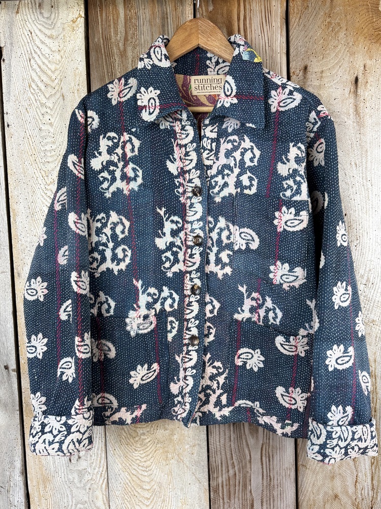 Vintage cotton Kantha Jacket with finely hand stitched details, rich textures and colours.
