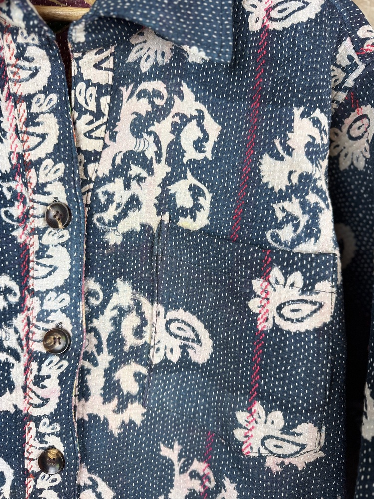 Vintage cotton Kantha Jacket with finely hand stitched details, rich textures and colours.