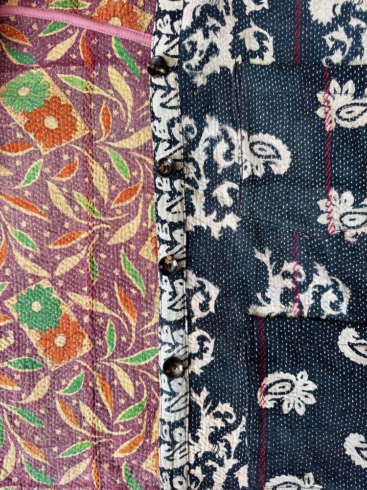 Vintage cotton Kantha Jacket with finely hand stitched details, rich textures and colours.