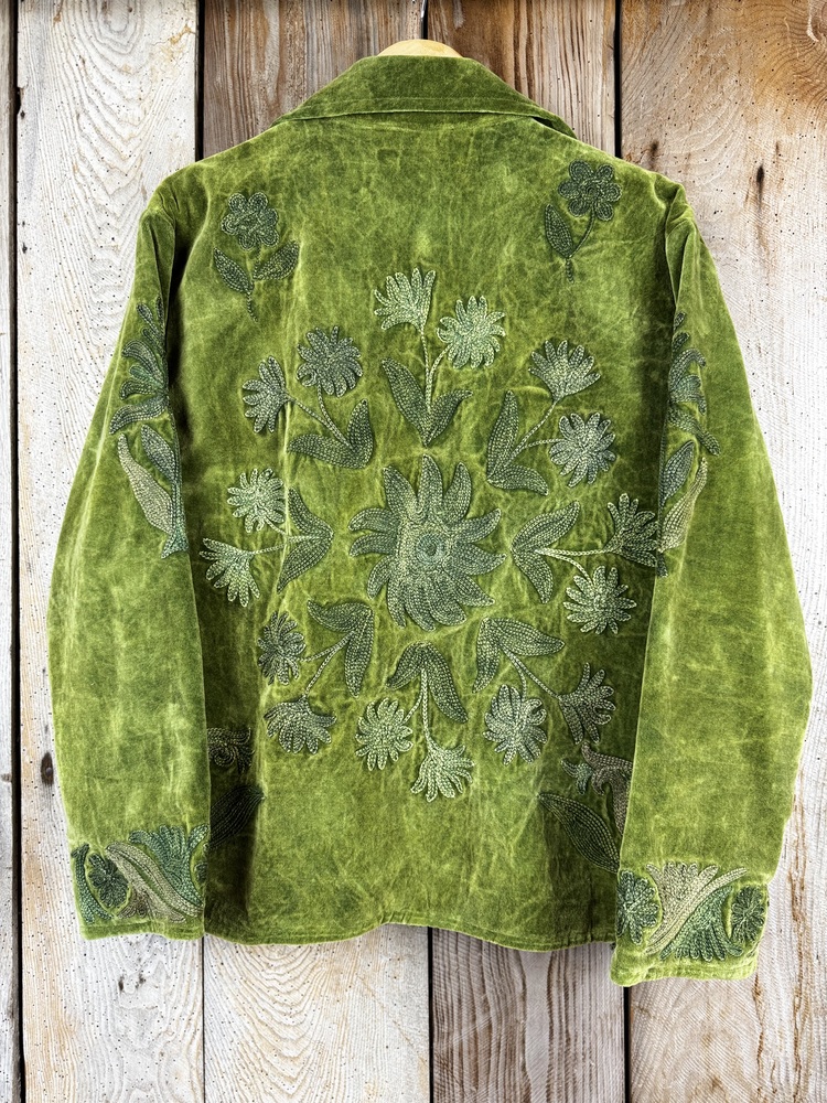 Hand embroidered cotton velvet jacket with soft texture, cosy easy fit, and intricate artisanal detailing.