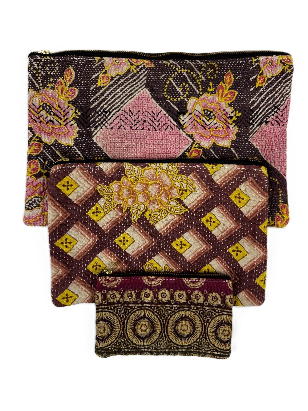 Colourful cotton kantha bags, pockets and purses, great for organising the smaller things in life. Made from recycled kantha quilts for the perfect accessory.