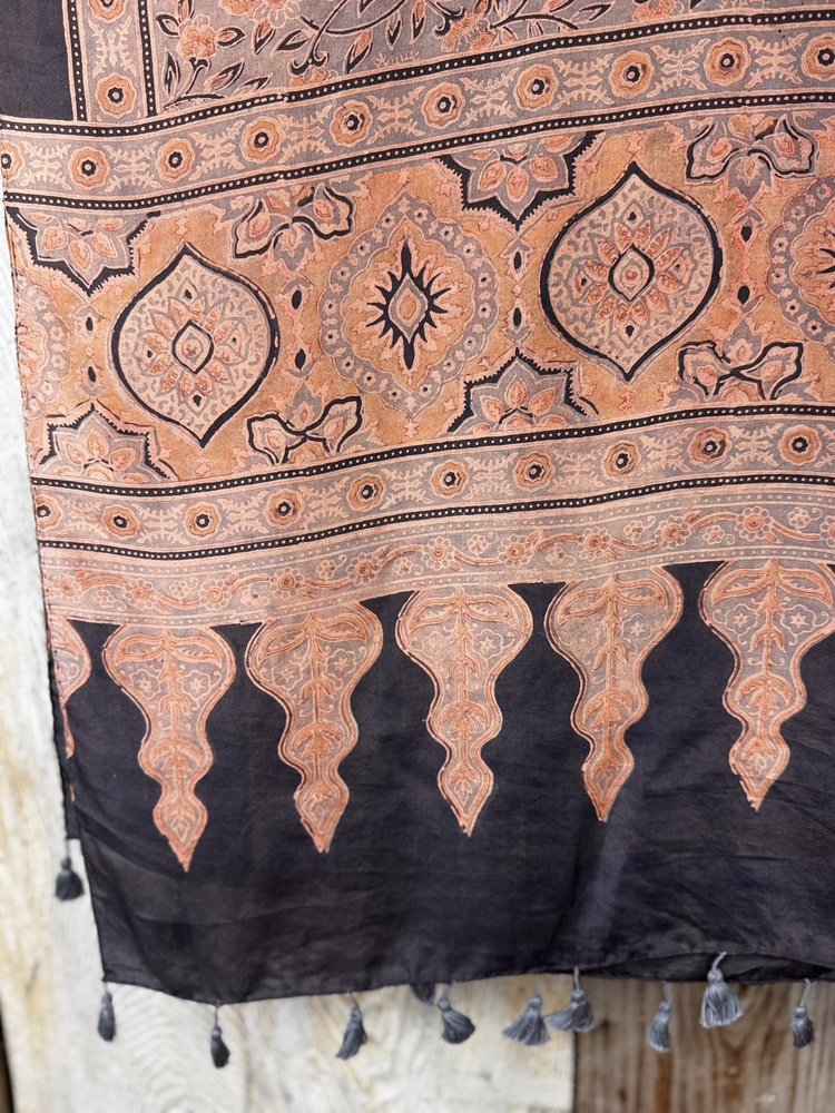 Mulberry silk scarf, block printed with natural dyes by Sufyian Khatri. The perfect lightweight unique accessory for any outfit.