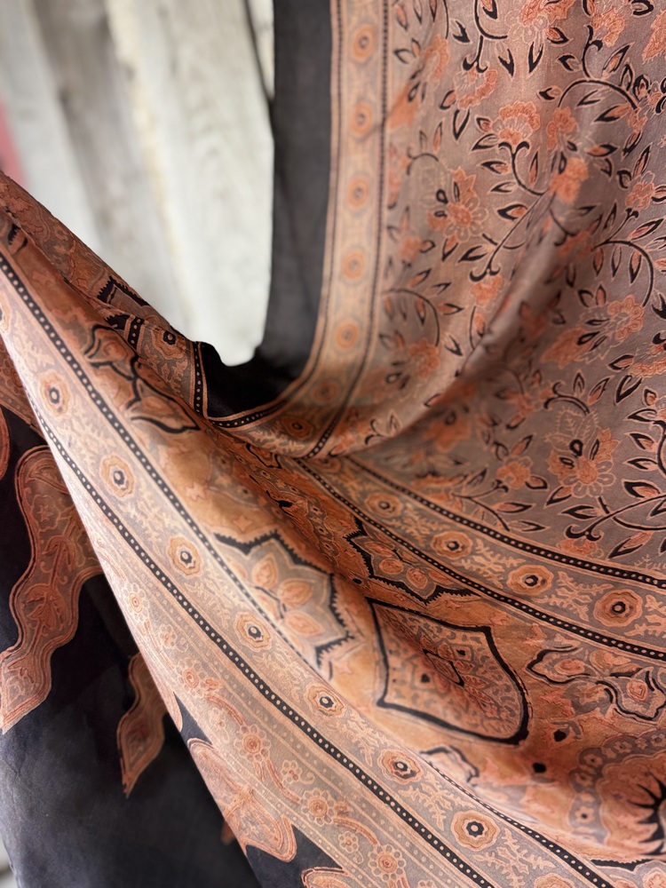 Mulberry silk scarf, block printed with natural dyes by Sufyian Khatri. The perfect lightweight unique accessory for any outfit.