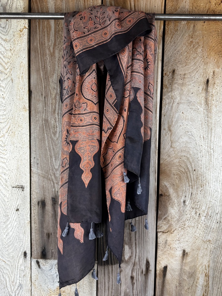 Mulberry silk scarf, block printed with natural dyes by Sufyian Khatri. The perfect lightweight unique accessory for any outfit.